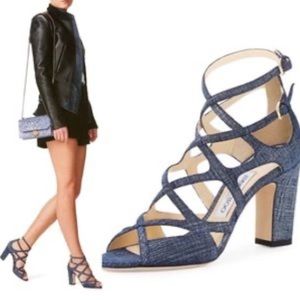 🆕 Jimmy Choo Dillan Cage Denim Sandals Heels,in Box